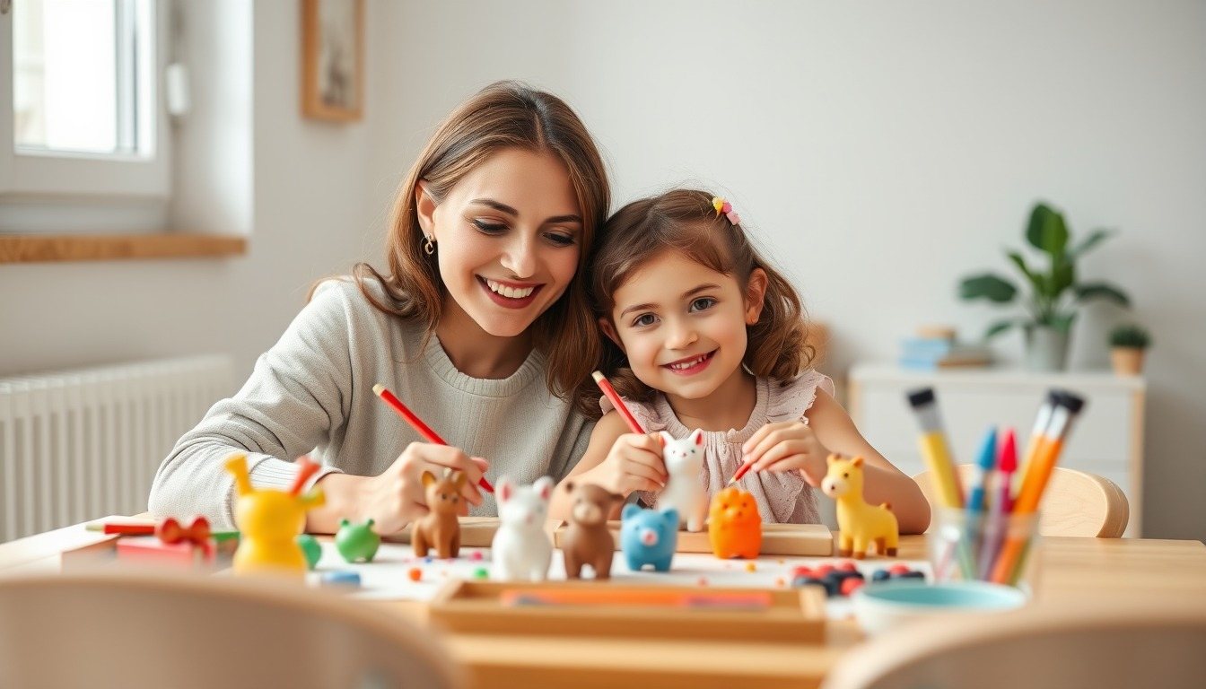 Evde anne ve çocuk figür boyuyor